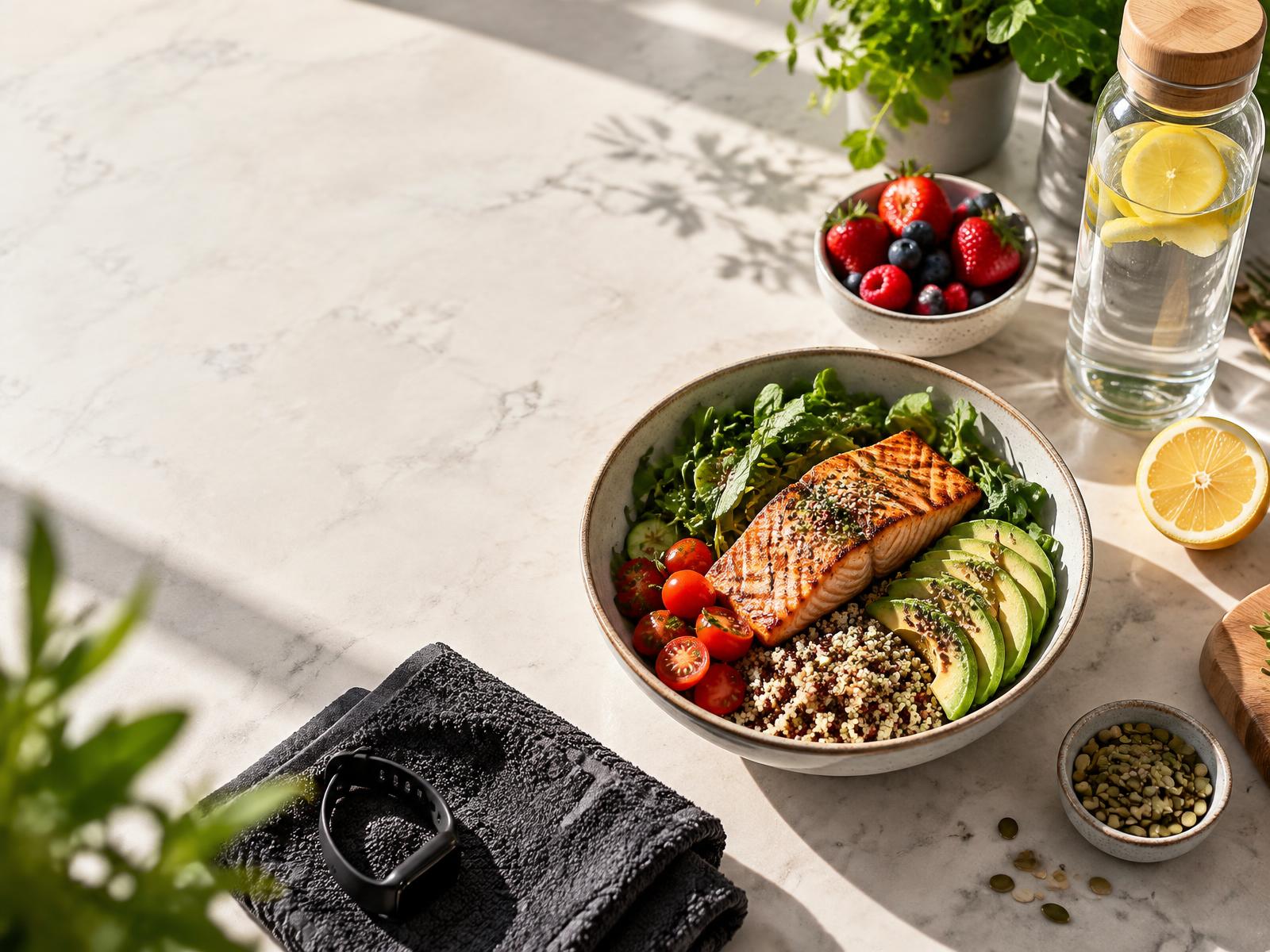 A balanced salmon, avocado, quinoa, and greens meal prepared for an active lifestyle
